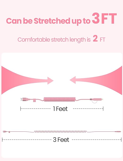 Coiled USB-C and Lightning Cable 2-in-1, 3FT Pink iPhone 15 16 Car Charger Cord, 60W Fast Charging Cable for iPhone 17, Samsung Galaxy, Cute Pink Car Accessories Supports Apple CarPlay & Android Auto