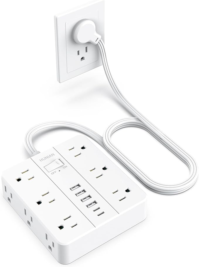 Power Strip with USB Ports, HUNIAN 5Ft Flat Plug Extension Cord Surge Protector, 12 Widely Outlet Extender with 6 USB Charger (2 USB C Ports), Desk Charging Station for Home, Office Supplies