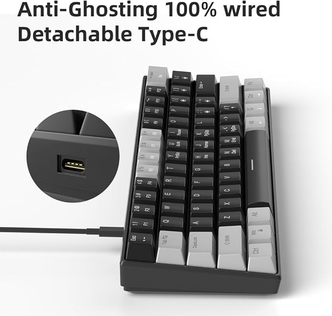 60% Mechanical Gaming Keyboard,Mixed Color Keycaps Gaming Keyboard with Linear Red Switches, Detachable Type-C Cable Mini Keyboard with Blue LED Light for PC/Laptop