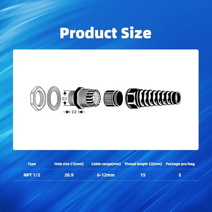 Strain Relief Cord Connector, CGELE 5 Pack NPT 1/2" Waterproof Cable Gland Cord Grip Spiral Adjustable Connector Strain Relief Cord Connectors Joints Nylon with Gaskets