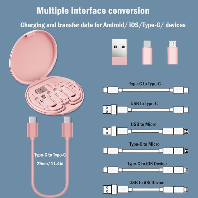 Multi USB C Adapter Kit, Charging Cable Case USB C to Type C/Micro/USB A Converter Contains Card Storage,Phone Holder, Tray Eject Pin for Traveling(Pink)