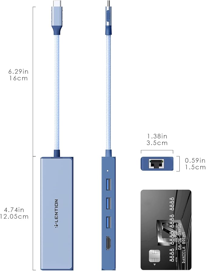 LENTION USB C Hub with Gigabit Ethernet Adapter, 4K HDMI, 3 USB 3.0 for 2023-2016 MacBook Pro 13/14/15/16, New Mac Air & Surface, Chromebook, More, Stable Driver Certified (CB-C25, Blue)