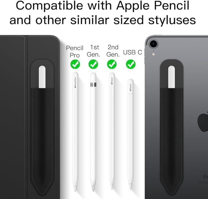 MoKo Pencil Holder Sticker Fit Apple Pencil Pro, Apple Pencil (USB-C), iPencil 1st/2nd Generation, Elastic Pencil Pocket Pouch Adhesive Sleeve Attached to iPad Case for Stylus Pens,Black