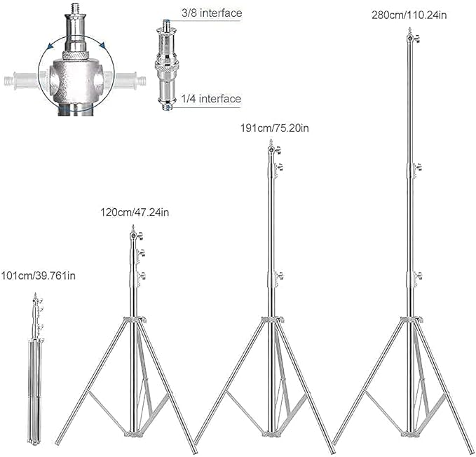 Stainless Steel Photography Video Tripod Stand, Spring Cushioned Heavy Duty Tripod Stand, 9.5ft/2.8m, Universal Adapter for Photography Studio Monolight Reflector Portrait