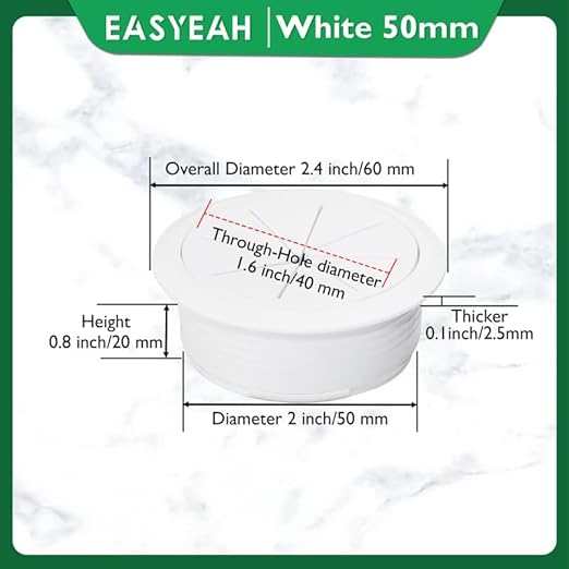 5 Pcs Desk Grommet 2" / 50 mm, Desk Hole Cover for Cables White, Cable Grommet ABS Plastic, Desk Hole Grommet for Home & Office Pc, Detachable Cable Cord Organizer