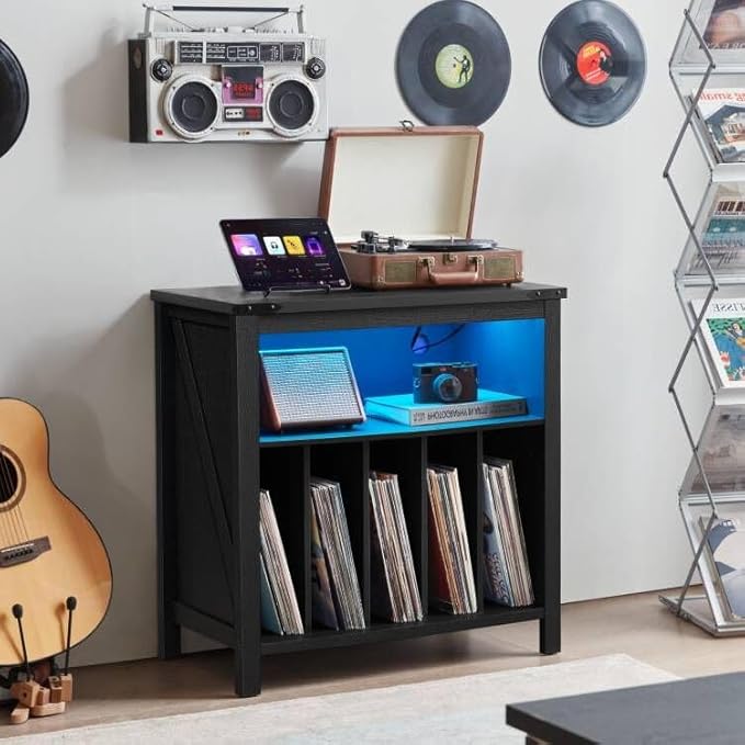 Large Record Player Stand with Charging Station & LED Lights, Vinyl Records Storage Holder Cabinet Holds up to 230 Albums, Turntable Stand for Music Room, Bedroom, Living Room, Office (Black)