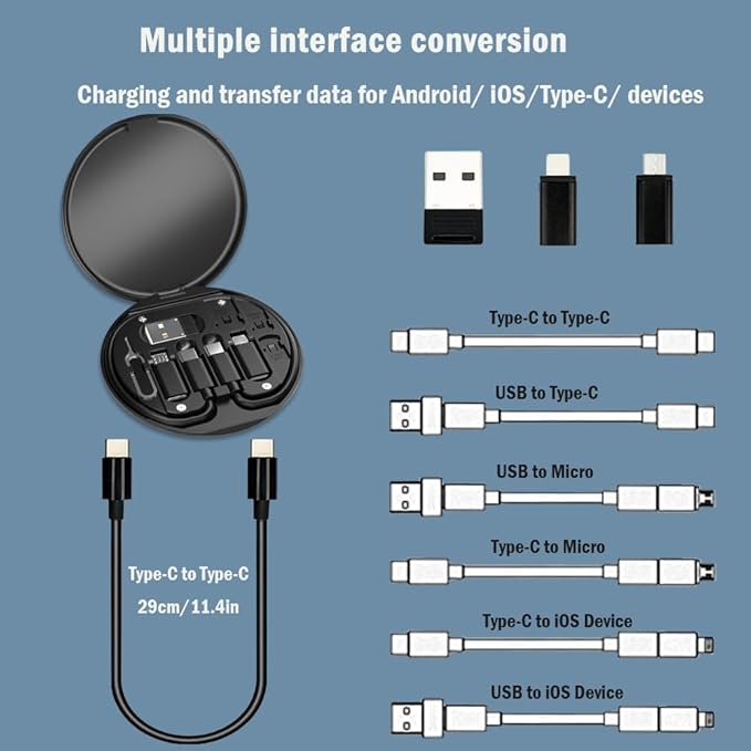 USB C Adapter OTG Cable Kit, Multi Charging Cable Case Convertor USB C to iOS Device/Type C/Micro/USB A Adapter, Data Transfer Contains Card Slot for Traveling, Use as Phone Holder (Black)
