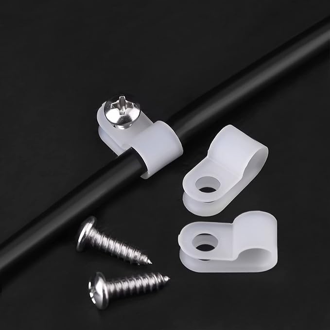 Hicarer 50 Pack R-Type Cable Clip Wire Clamp, Nylon Screw Mounting Cord Fastener Clips with 50 Pack Screws for Wire Management (White,1/2 Inch)