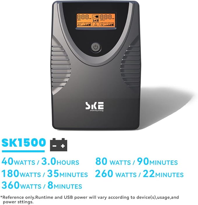 Ups Battery Backup and Surge Protector,Computer Uninterruptible Power Supply Units,Battery Backup Intelligent LCD,SKE Back UPS,Uninterruptible Power Supply,Battery Backup for Computer 1500VA/900W