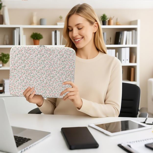 Puffy Laptop Sleeve 13-15.6 Inch Cute Quilted Laptop Protective Case Padded Floral Computer Sleeve for MacBook (B-Pink, 11 Inch)