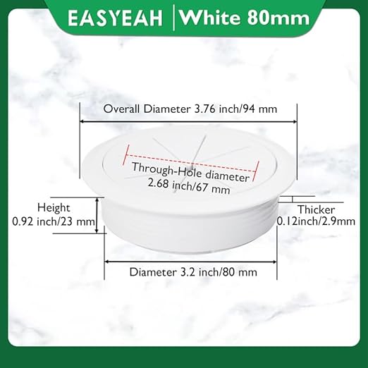 2 Pcs Desk Grommet 3-1/8" / 80 mm, Desk Hole Cover for Cables White, Cable Grommet ABS Plastic, Desk Hole Grommet for Home & Office Pc, Detachable Cable Cord Organizer