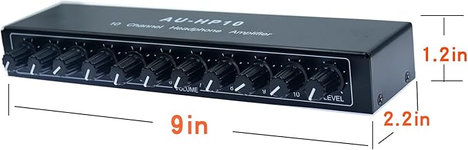 aux Mini Jack TRS 3.5 mm Input 1 in 10 Out Channel Headphone Amplifier Stereo Audio Amp with 12V 1A Power Adapter Distributor Headphone Splitter for Studio and Stage Black