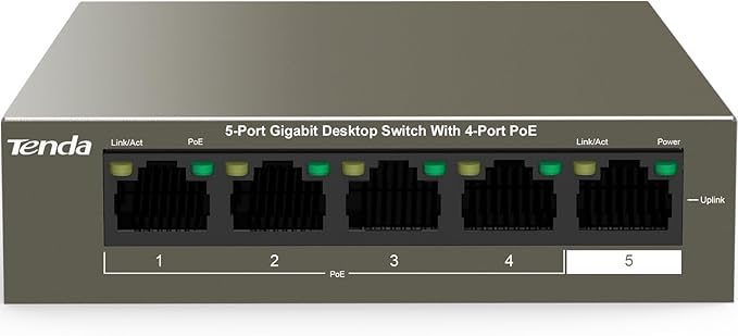 Tenda TEG1105P, 5 Port Gigabit PoE Switch Compatible with IEEE 802.3af/at Devices, Unmanaged PoE Switch with 4 Port PoE+@63W, Plug & Play, Fanless & Metal Design, Limited Lifetime Protection