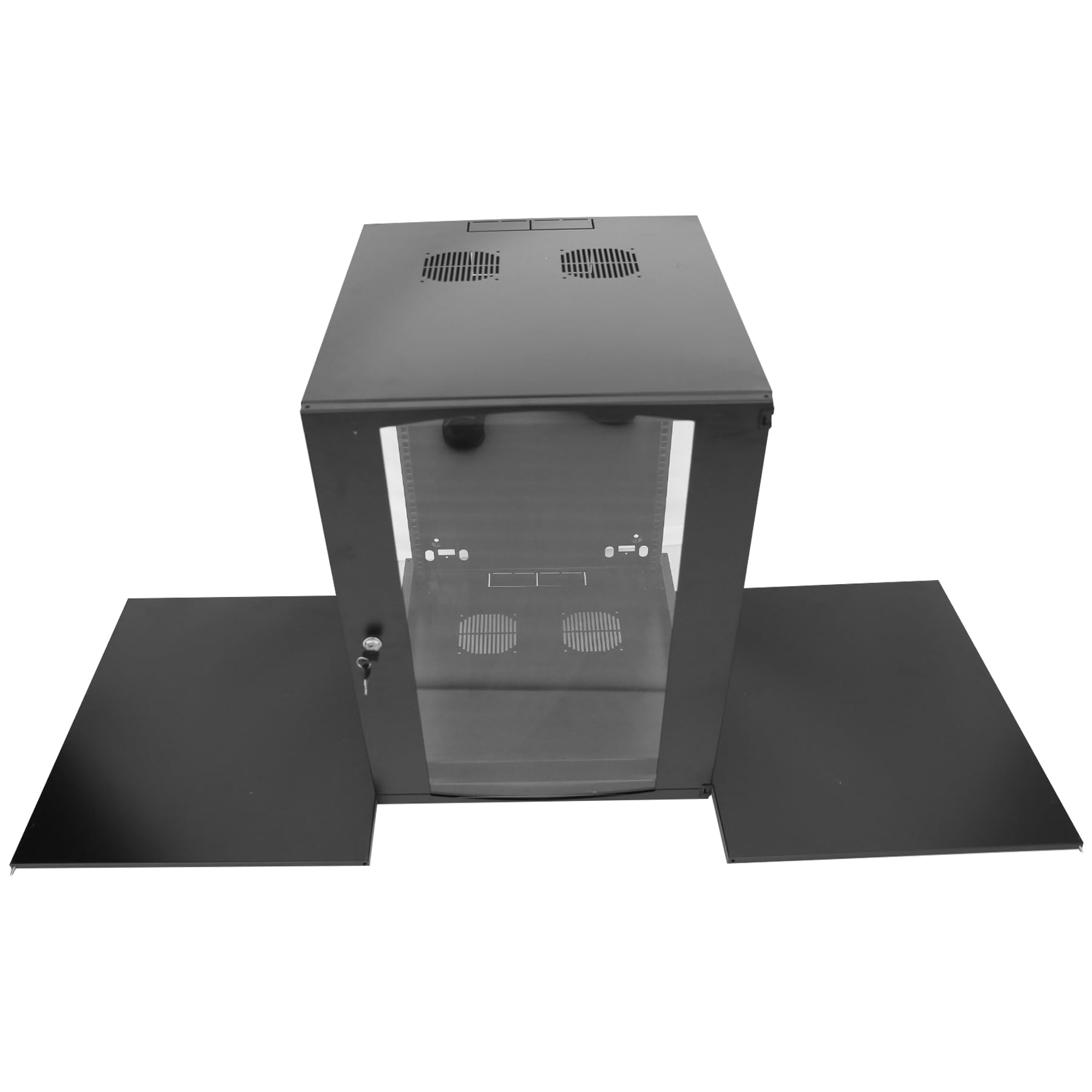 GlobalRack 9U Wall Mount Cabinet, Glass Door, Locking Casters, 2 Fans