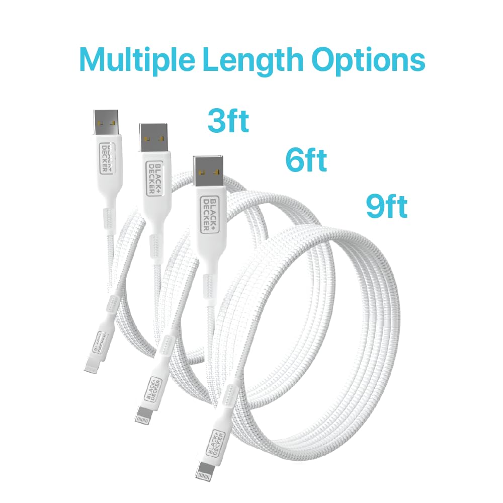 BLACK+DECKER Lightning to USB Cable - Fast Compatible iPhone Lightning Cable - Durable Braided iPhone Charger Cord - for Travel and Daily Use - Multiple Color + Length Options - 3ft