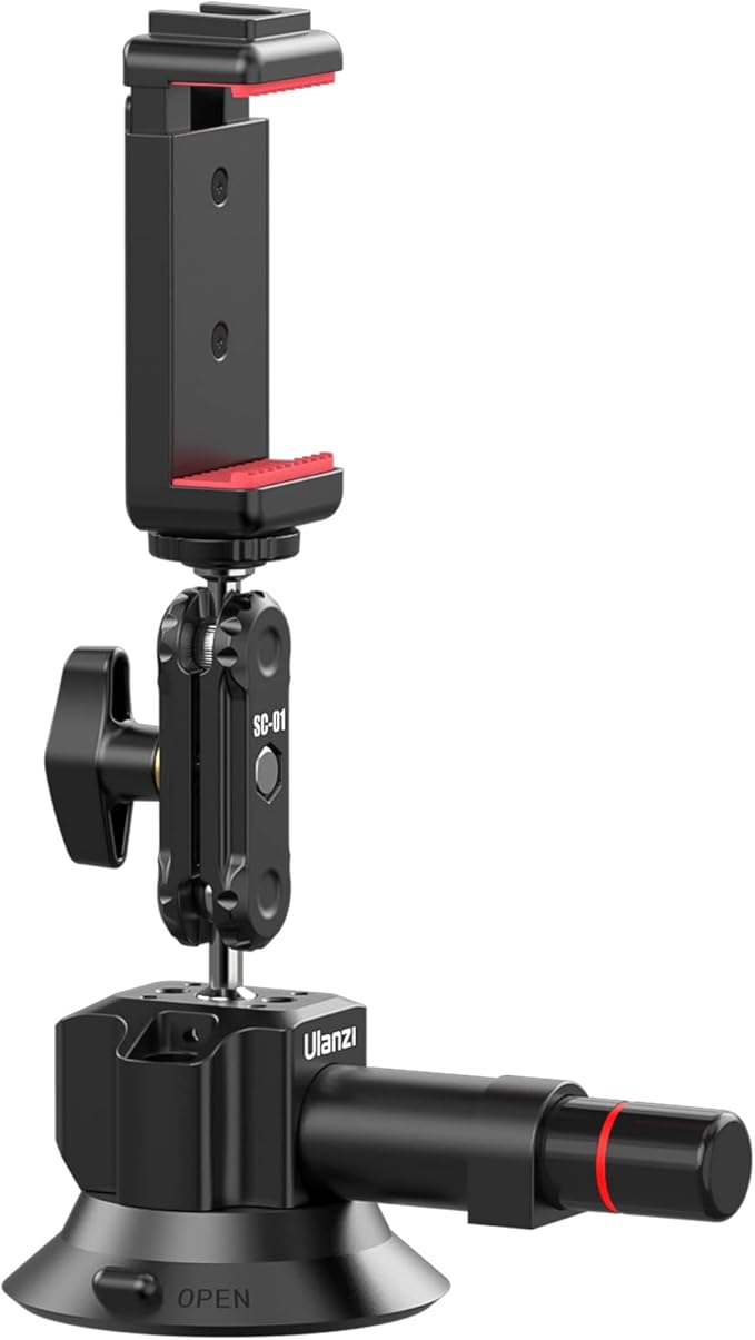 UURig SC-01 Suction Mount 3" for Vlogging Action Camera Car w Smartphone Clamp Compatible with DJI OSMO Pocket 3/OSMO 360/Insta 360 x5/iPhone 16 15 14 13 Pro Max, 1/4" Magic Arm Car Windshield Window