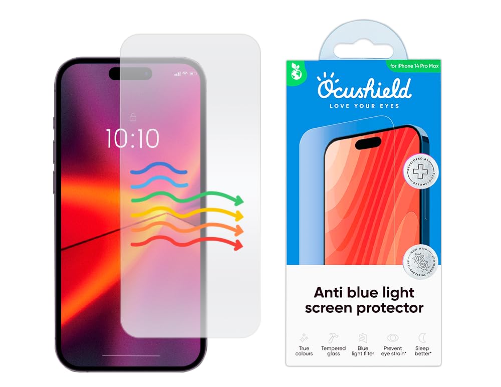 Ocushield Anti Blue Light Tempered Glass Screen Protector of iPhone 14 Pro Max (6.7") – Blocks Blue Light, Prevents Eye Strain & Helps You Sleep Better, 9H Hardness & Case Friendly