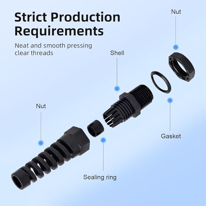 Strain Relief Cord Connector, CGELE 5 Pack NPT 1/2" Waterproof Cable Gland Cord Grip Spiral Adjustable Connector Strain Relief Cord Connectors Joints Nylon with Gaskets