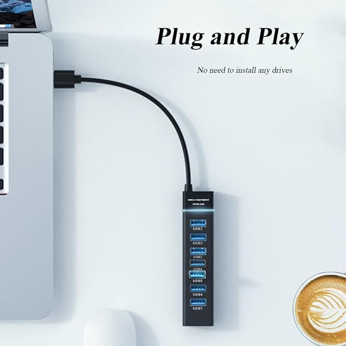 7 Ports USB Hub, Multiple Port USB Hub with Indictor Light, High Speed Data Transmission USB Adapter, Compatible with Mouse, Keyboard, Printer, Windows, MacOS, Linux