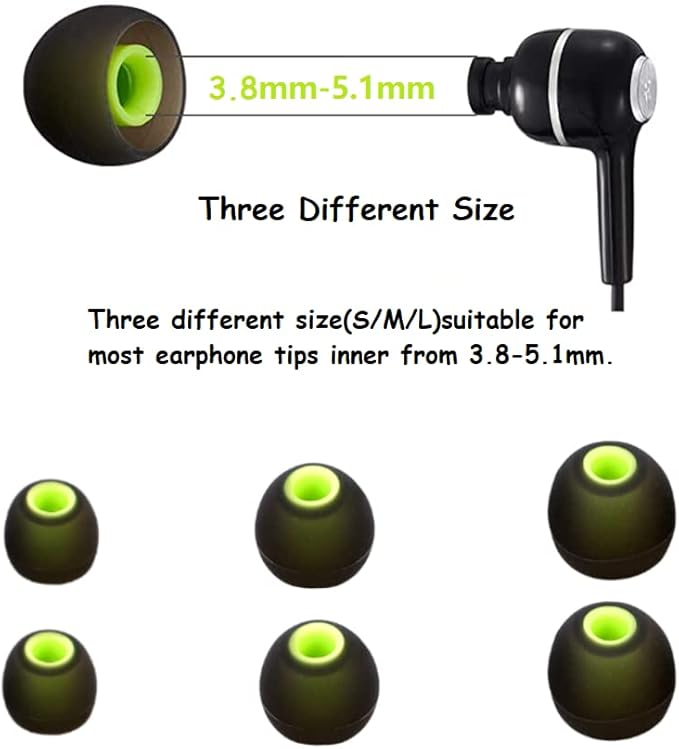 Earbuds Replacement Tips Silicone Earbud Tips Ear Gels Fit for Inner Hole from 3.8mm - 5.1mm Earphones 9 Pairs S/M/L Black-Green