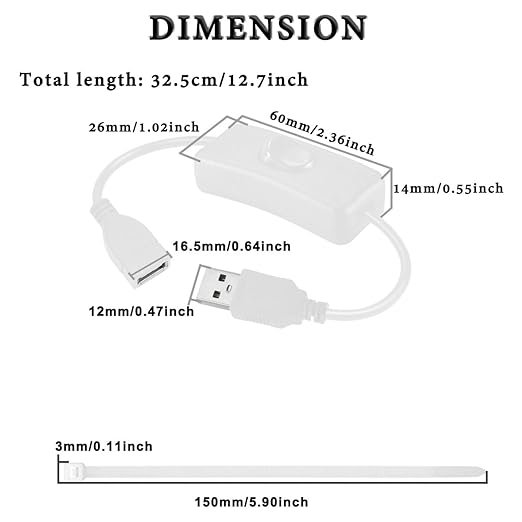 4PCS USB Power Switch Cable USB 2.0 A Male to Female Extension Cord On/Off Adapter with Inline Rocker Switch with Cable Ties for Driving Recorder Small Desk Lamp LED Strip (White)