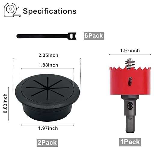 2 Pack Desk Grommet 2 Inch (50 mm), Desk Hole Cover for Cables, Black Desk Cord Hole Cover for Office Home Table, Cable Grommet with 1 Hole Saw Drill Attachment & 6 Cable Ties