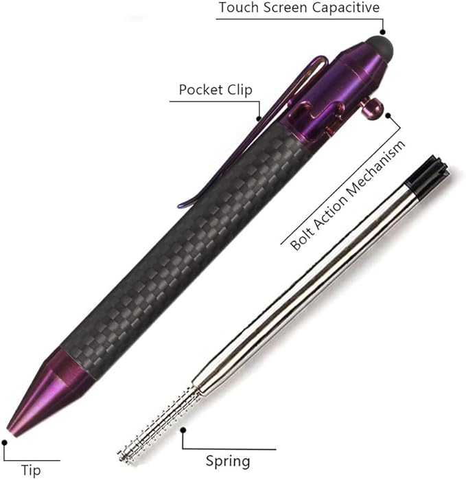 Cool Hand 4.9'' Carbon Fiber Bolt Action Pen with Retractable Stylus Tip for Any Touch Screen, Ballpoint Ink Refillable, Compact Size, Skelton Out Deep Pocket Clip (Carbon Fiber Purple)