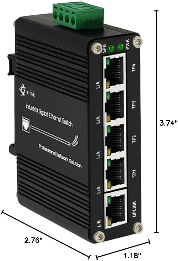 Mini Industrial 5 Ports Gigabit Switch Hardened 5 Port RJ45 10/100/1000Mbps Ethernet Switch Din Rail Mount Ethernet Switch Wall Mounts Included (-40 to 167 ºF) 10Gbps Switching Capacity