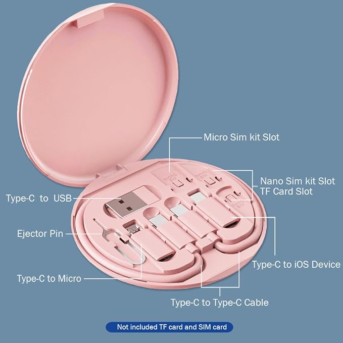 Multi USB C Adapter Kit, Charging Cable Case USB C to Type C/Micro/USB A Converter Contains Card Storage,Phone Holder, Tray Eject Pin for Traveling(Pink)