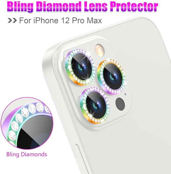 AGVEE 3+3 6 Pack for iPhone 12 Pro Max 6.7" Camera Lens Cover Protector, Bling Diamond & Bling Glitter Metal Ring 9H Tempered HD Glass Camera Cover Protector Film, Bling-Colorful