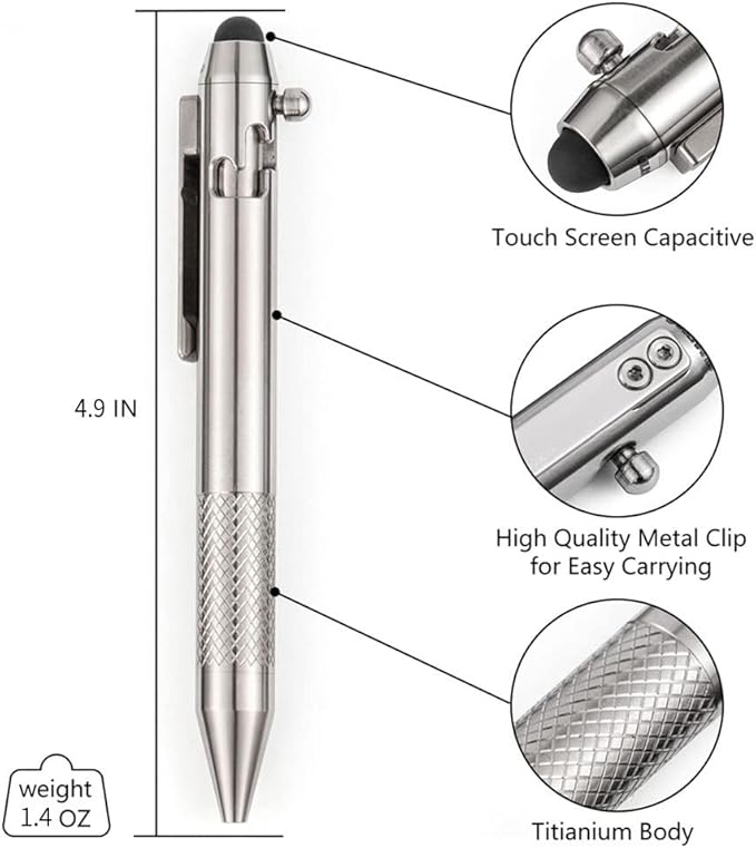 Cool Hand 4.9'' Titanium Bolt Action Pen Stylus for Touch Screen, Ballpoint Ink Refillable, Compact Size, Skelton Out Deep Pocket Clip for Easy Carring