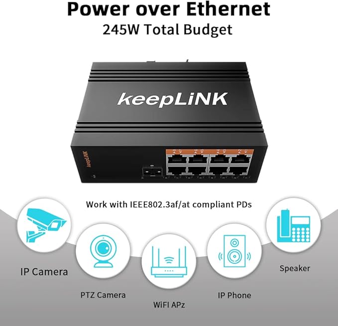 8 Port Industrial PoE Switch Unmanaged, Gigabit PoE Switch with 8 PoE+ Ports @245w, 1 SFP Slot, DIN Rail Hardened Network Switch, IP40