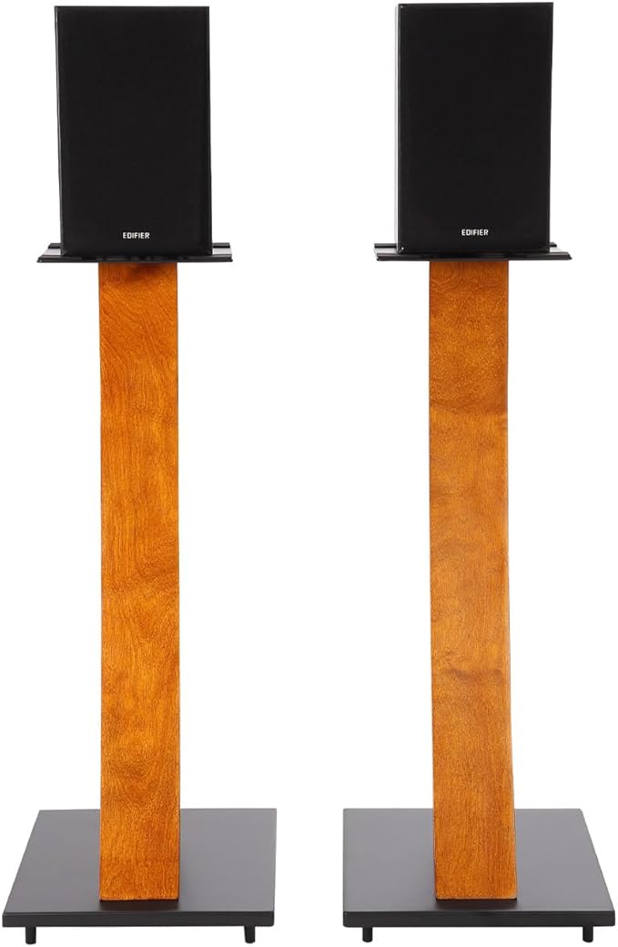 EXIMUS One Pair Fixed Height Universal Speaker Floor Stands with Real Wood - Cherry - 290 Series