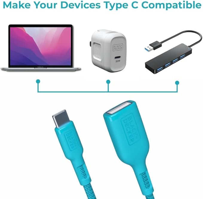 BLACK+DECKER USB C to USB A Adapter, USB C Male to USB Female Adapter Nylon Braid, Type C OTG Cable Compatible w/iPhone 16 15 Pro, Samsung S23 Ultra, MacBook Pro 2022/Air/Mini, iPad—2 Pack, 3"