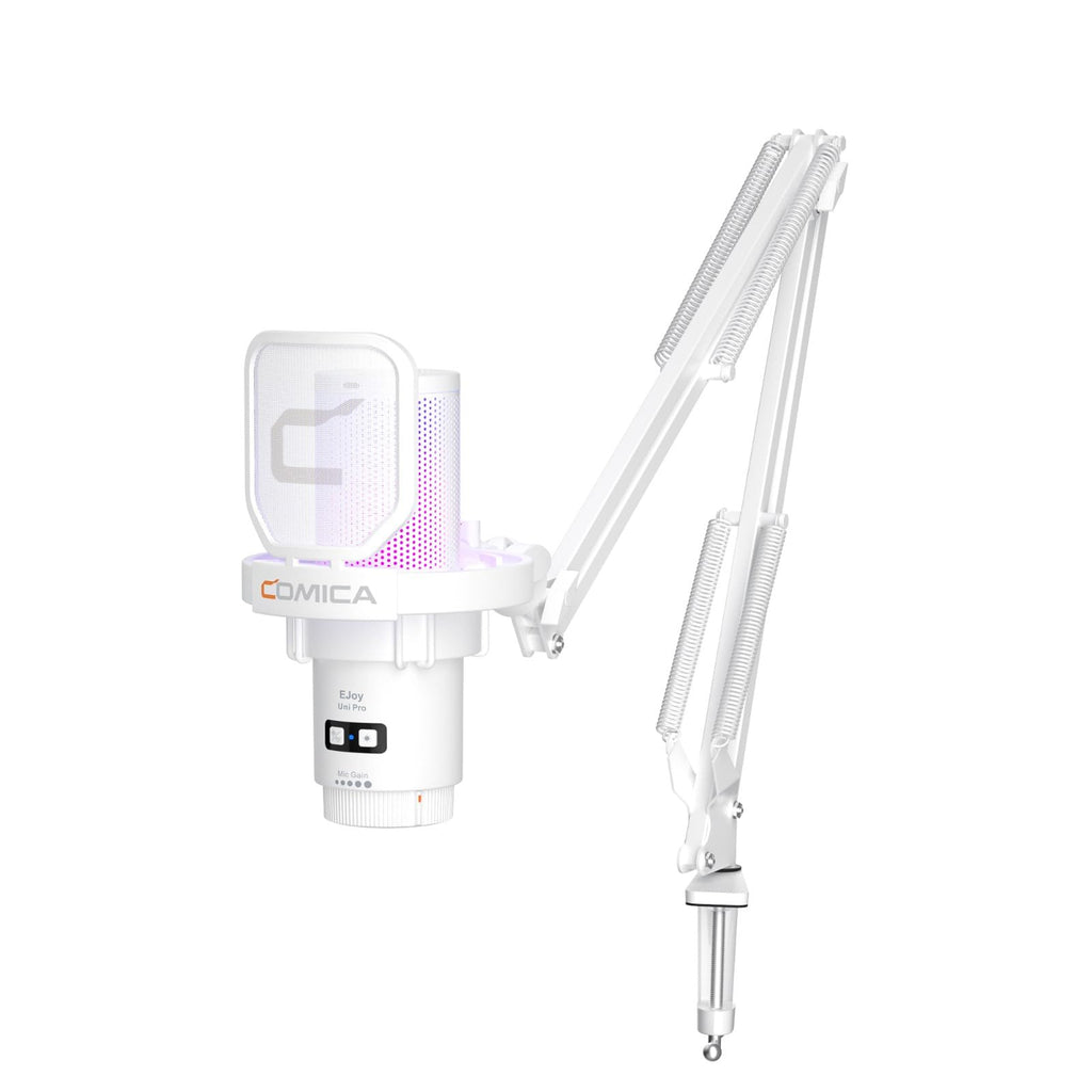 comica Wireless USB Microphone for Computer and Smartphone,48kHz/24bit RGB Cardioid Condenser Gaming Mic for Podcasting,Streaming,Recording,Music Creation,with Boom Arm Stand-White (EJoy Uni Pro A)
