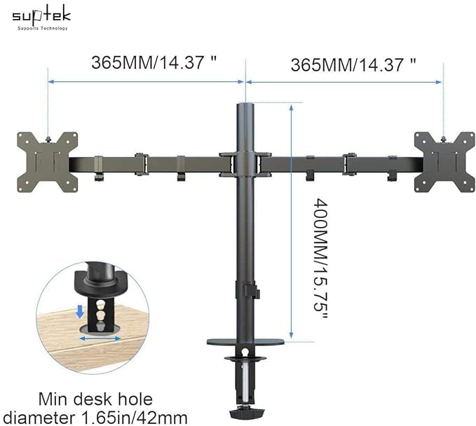 Suptek Monitor Mount, Adjustable Dual Monitor Arm Desk Mount Heavy Duty Monitor Stand fit for 27 inch Monitor Screens up to 22lbs,Black(MD9442)