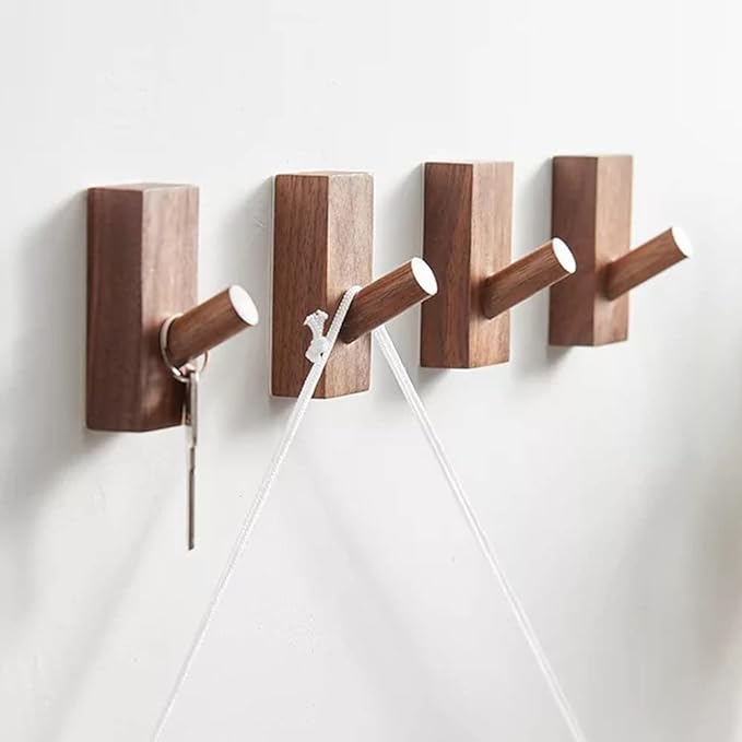 HomeDo 8Pack Adhesive Wall Hooks Hat Rack, Wooden Coat Hooks Wall Mounted, Decorative Single Organizer Hat Hanger Towel Rack, Heavy Duty Hooks (Rectangle-Walunt,8Pack)
