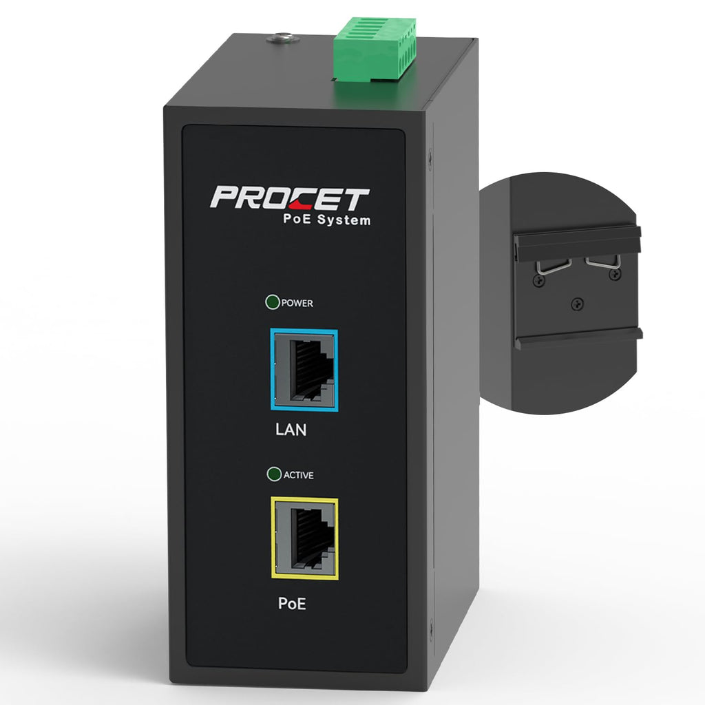 PROCET 10 Gbps Gigabit PoE++ Injector Din Rail, 60W Industrial Adapter with Wide Temp -40°F to 149°F, 6KV Surge Protection, AC/DC Input, IEEE802.3af/802.3at/802.3bt, PT-PSE105GB-AC-10