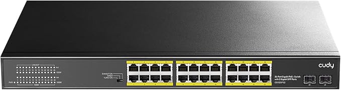 Cudy 24 Gigabit Ethernet Unmanaged PoE+ Switch, 300W, 24 * 100/1000Mbps PoE+ Ports, 2 Gigabit SFP, CCTV / VLAN Mode, 19-inch Rackmount, 802.3af/at, GS1028PS2