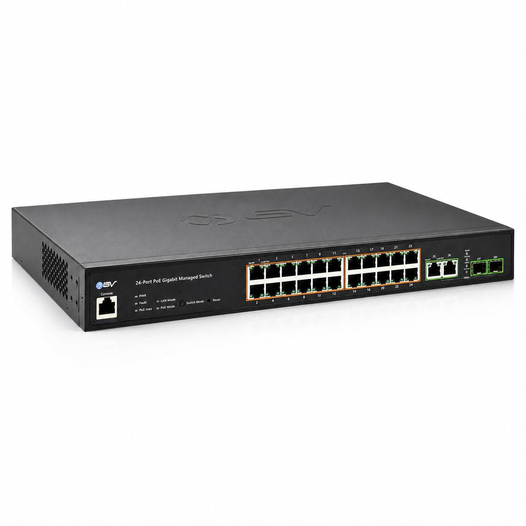 BV-Tech 24-Port Gigabit PoE+ Switch, 2 RJ45 & 2 SFP Uplinks, L2 Managed