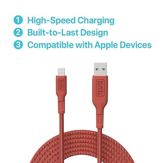 BLACK+DECKER Lightning to USB Cable - Fast Compatible iPhone Lightning Cable - Durable Braided iPhone Charger Cord - for Travel and Daily Use - Multiple Color + Length Options - 3ft