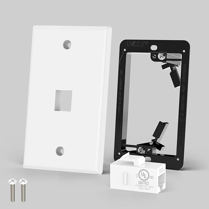 VCE Ethernet Wall Plate (UL-Listed), 1-Port CAT6 Wall Plate and Jack, RJ45 Keystone Wall Outlet with Single Gang Low Voltage Mounting Bracket, White 2-Pack
