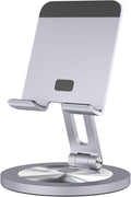 360 Rotating Phone Stand for Desk, Dual-Adjustable Foldable Aluminum Desktop Phone Holder Compatible with iPhone 16 15 14 13 12 11 Series, iPad-Mini, 4-8" All Phones (Grey)
