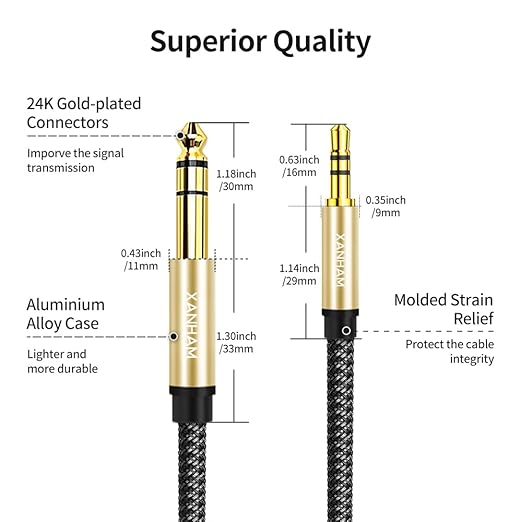 3.5mm to 1/4 Stereo Audio Cable 3.3 Feet /1M, 1/8" to 6.35mm 1/4" TRS Male Aux Cord Double Shielded with Braiding for Guitar, Amplifiers, PC, Home Theater, Speaker, etc.