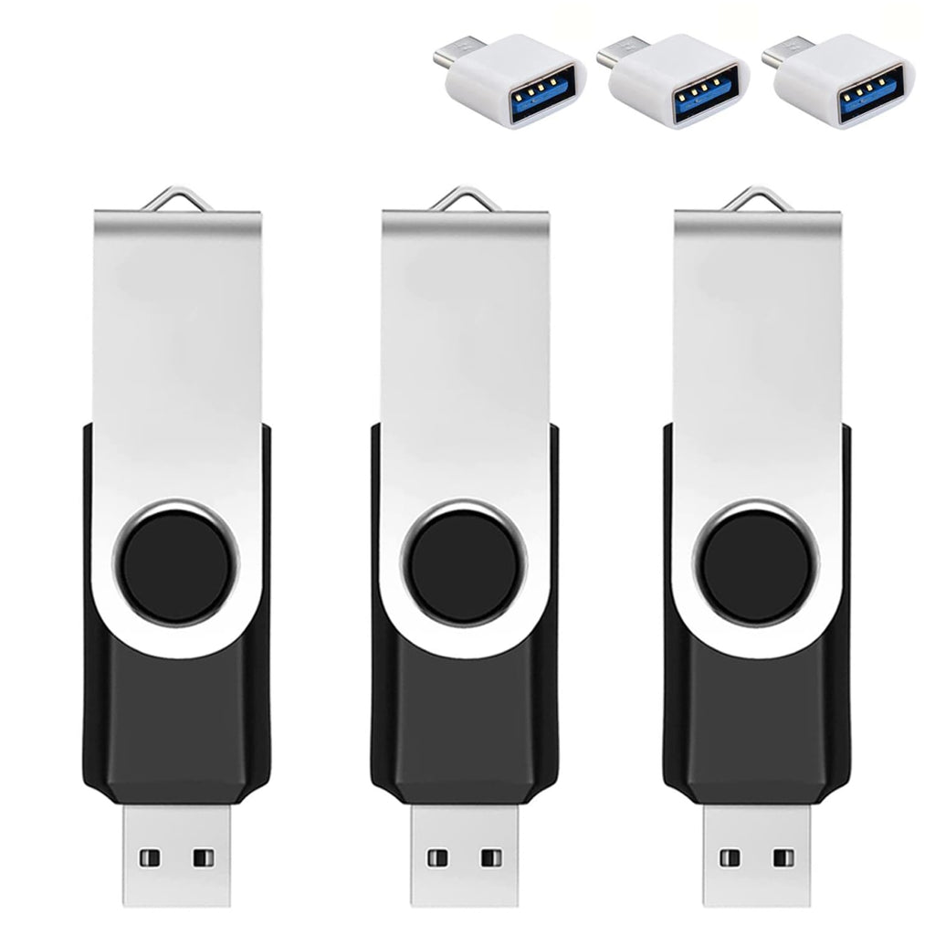 3 Pack 128GB USB Flash Drive with Type C Adapter and Storage Box USB 2.0 High Speed Metal Pen Drive 360° Rotatable Storage Memory Stick for Phone/Pad/PC/Laptop/Android - Black(3-Pack 128GB)