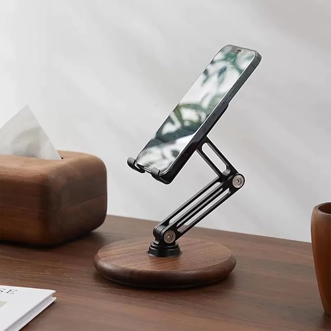iPhone Stand for Desk, Phone Stand Adjustable Foldable, Cell Phone Holder 360 ° Rotation, Compatible with iPhone 16 15 14 13 12 11 Pro Xs Xs Samsung Galaxy Tablets All Phones, Walnut