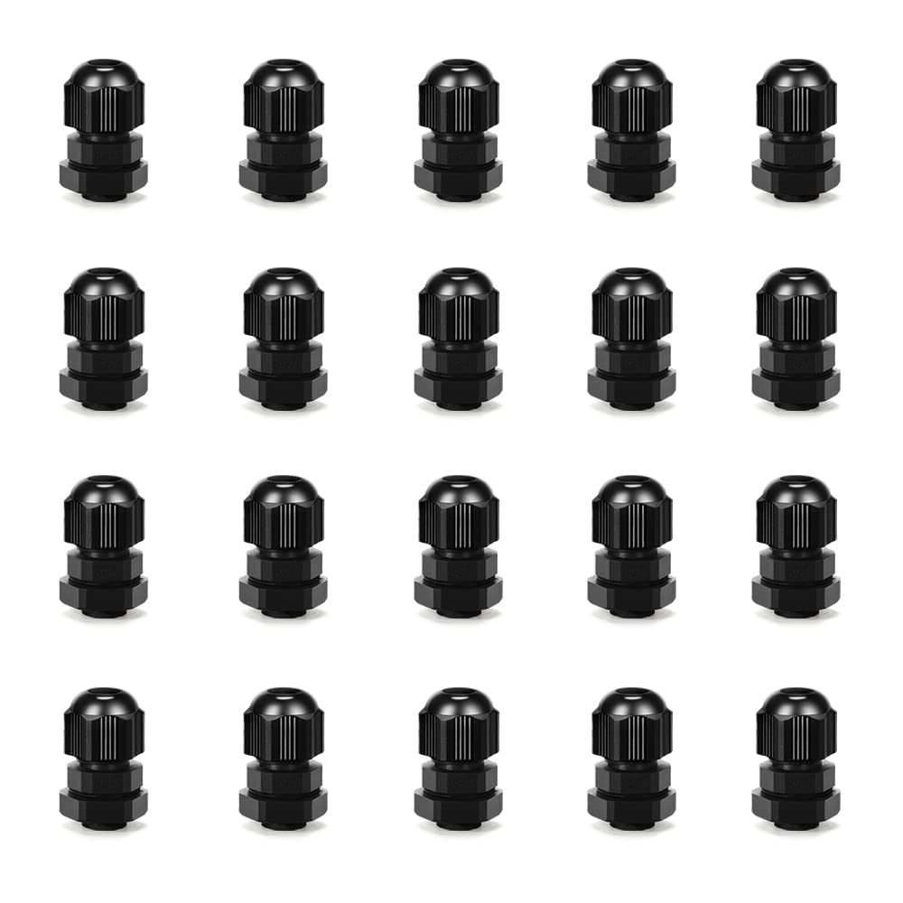 CGELE Cable Gland 20 Pack Plastic Waterproof Adjustable Connector 3-7mm PG7 Strain Relief Cord Connectors Joints Nylon with Gaskets