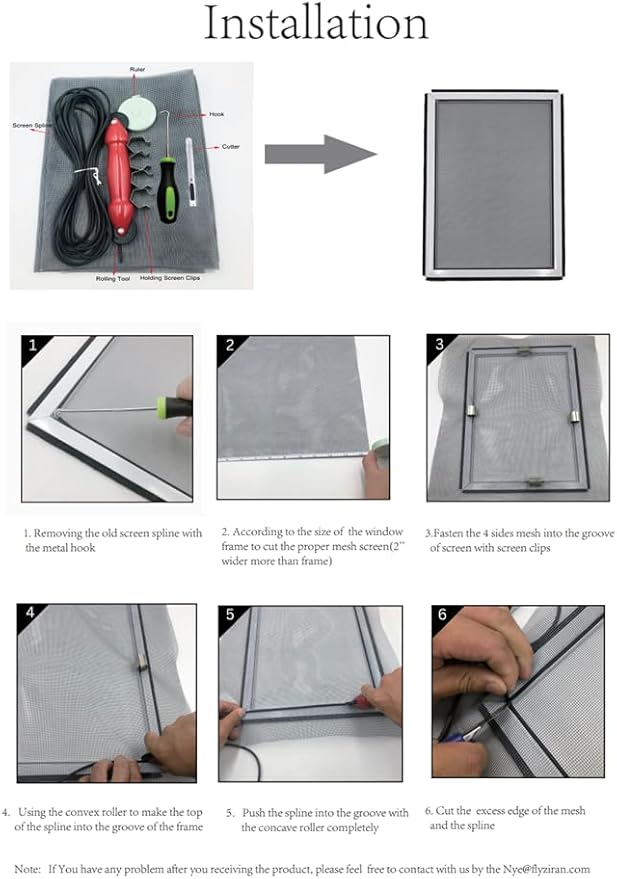 FLYZZZ Window Screen Door Repair Kit, 48"x118" Fiberglass Mesh Replacement with Roller Tool/Hook/Spline/Cutter/Clips/Ruler, 7-in-1 Sliding Patio Door & Screen Door Repair Kit, Gray