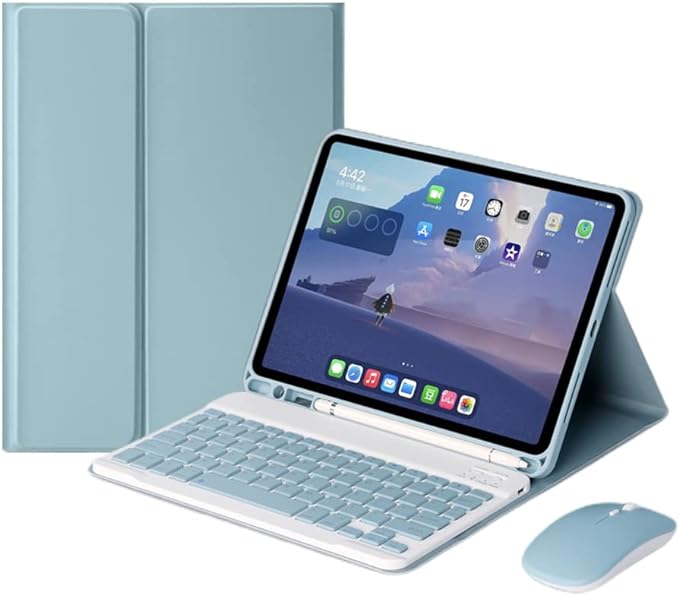 AnMengXinLing Keyboard Case for iPad Air 11 inch (M3 2025/M2 2024) with Mouse, Case for iPad Air 5th/4th Gen with Keyboard Cover with Pencil Holder, Blue