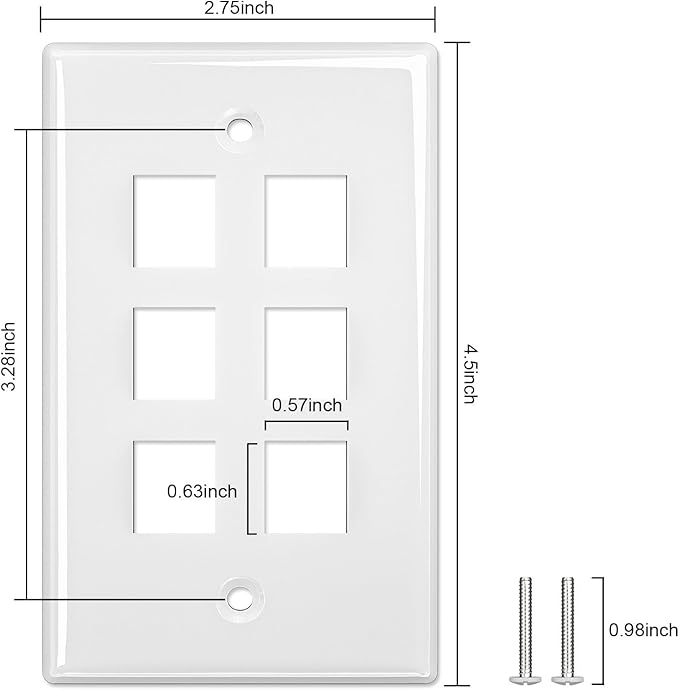 FGB 6-Port Keystone Wall Plate 20-Pack, Low-Profile Single Gang Wall Plates for RJ45, HDMI, and Coax Keystone Inserts, White